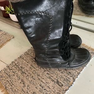 Black Sorel “Joan of arc” boots. Great for snow!